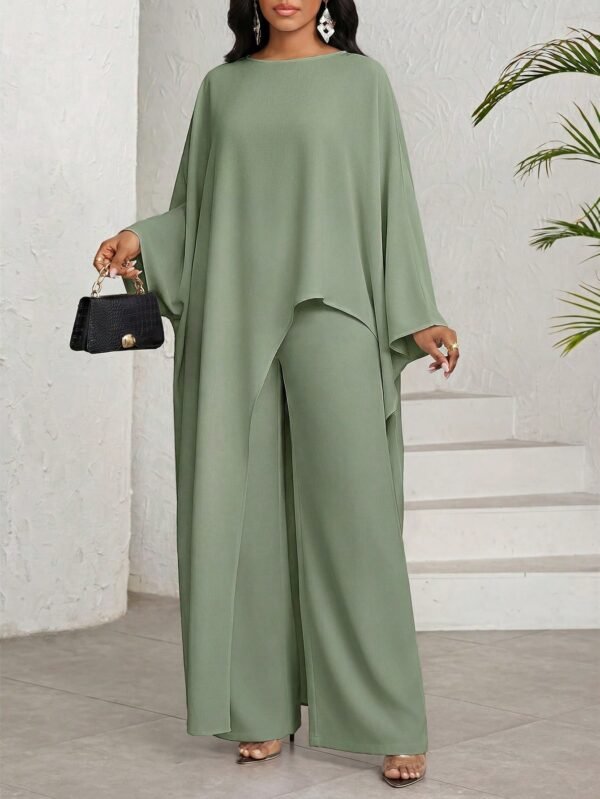 shein lady طقم بلوزة وبنطلون واسع الساق ذو لون أحادي وحافة غير متماثلة، طقم كاجوال مكون من قطعتين للنساء 6