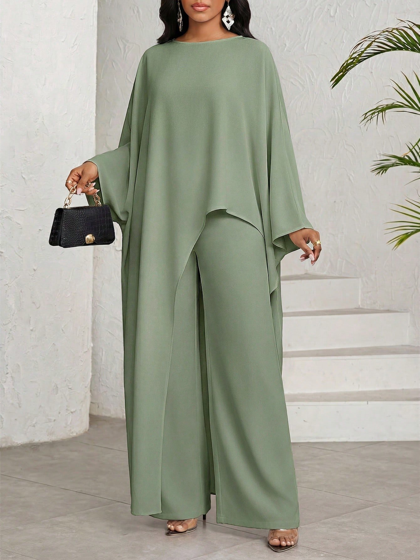shein lady طقم بلوزة وبنطلون واسع الساق ذو لون أحادي وحافة غير متماثلة، طقم كاجوال مكون من قطعتين للنساء 6