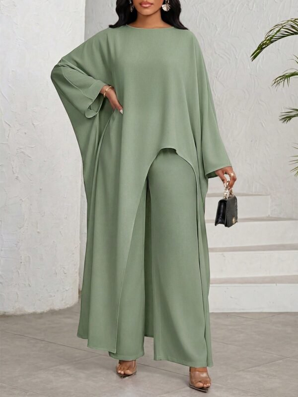 shein lady طقم بلوزة وبنطلون واسع الساق ذو لون أحادي وحافة غير متماثلة، طقم كاجوال مكون من قطعتين للنساء 7