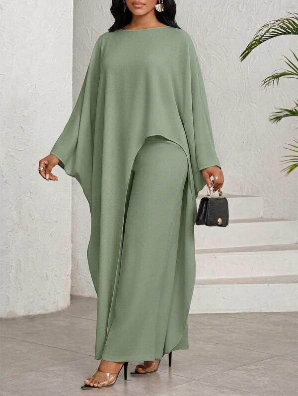 shein lady طقم بلوزة وبنطلون واسع الساق ذو لون أحادي وحافة غير متماثلة، طقم كاجوال مكون من قطعتين للنساء 8