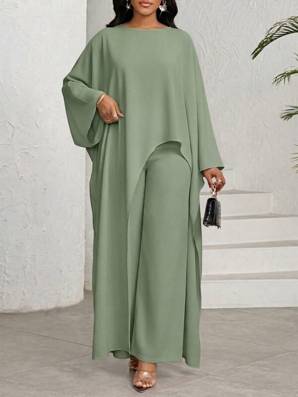 shein lady طقم بلوزة وبنطلون واسع الساق ذو لون أحادي وحافة غير متماثلة، طقم كاجوال مكون من قطعتين للنساء 9