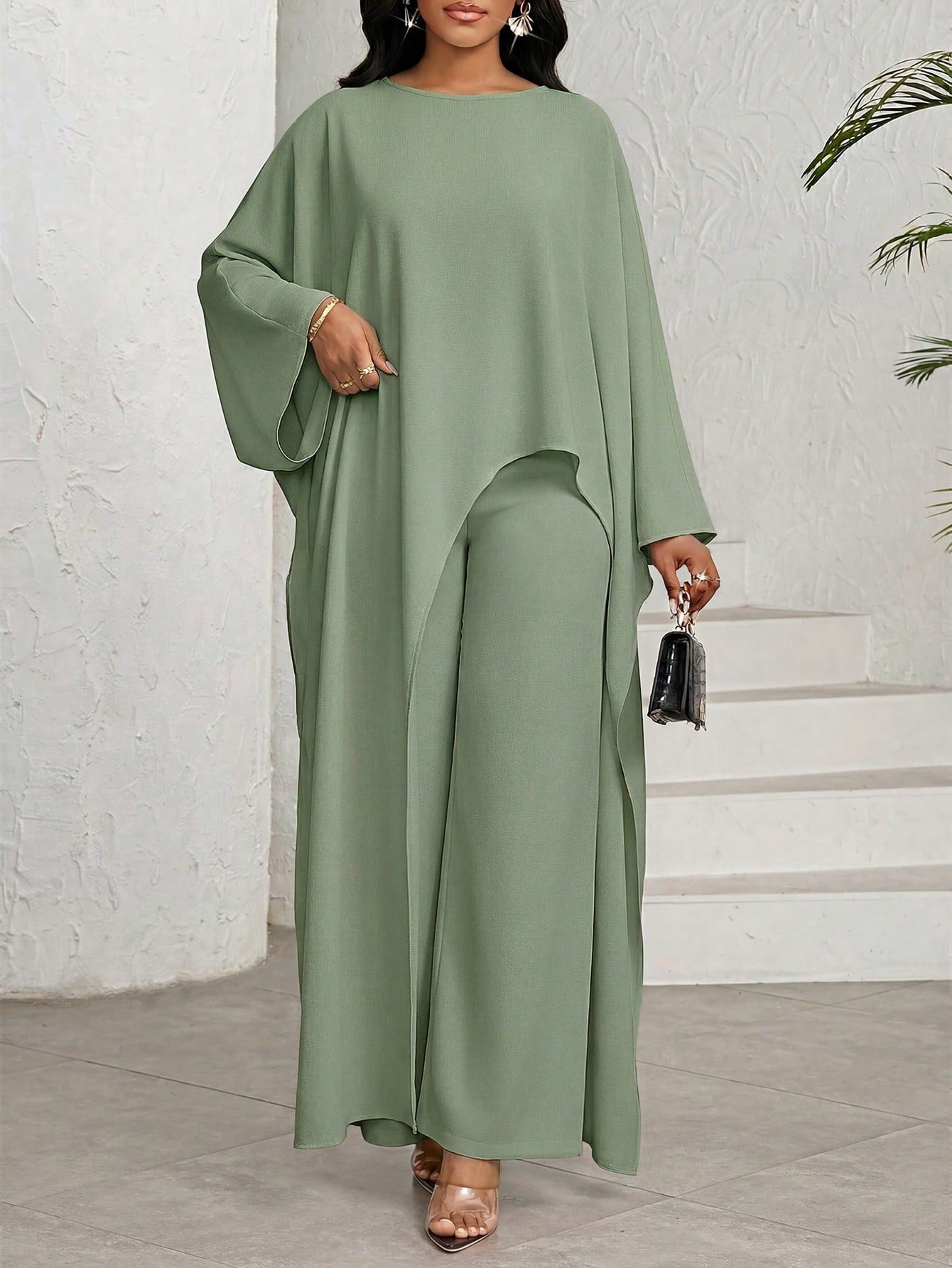 shein lady طقم بلوزة وبنطلون واسع الساق ذو لون أحادي وحافة غير متماثلة، طقم كاجوال مكون من قطعتين للنساء 9