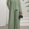 shein lady طقم بلوزة وبنطلون واسع الساق ذو لون أحادي وحافة غير متماثلة، طقم كاجوال مكون من قطعتين للنساء 10