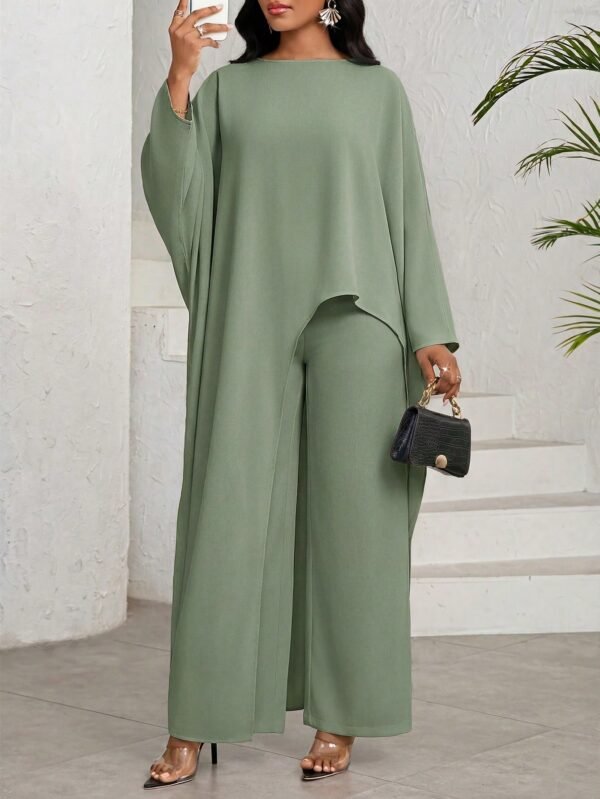 shein lady طقم بلوزة وبنطلون واسع الساق ذو لون أحادي وحافة غير متماثلة، طقم كاجوال مكون من قطعتين للنساء 10