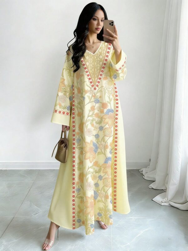 shein najma فستان ماكسي أنيق بطبعة رقمية ملونة بنمط الكرمة، طويل الأكمام وياقة على شكل حرف v، للربيع والخريف 3