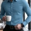 manfinity mode قميص أبيض أنيق بأكمام طويلة للارتداء الرسمي أو المكتبي مع ياقة قميص، قمصان عمل، قمصان عمل كاجوال للرجال، الخريف، الحفل 21