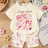 elladie kids مجموعة قميص كم قصير وشورت للبنات الرضع بطبعات صدفة وجنجل البحر وفيونكة، أسلوب عطلة عفوي بسيط، مناسبة للعطلات والأنشطة الخارجية، صيفي 12
