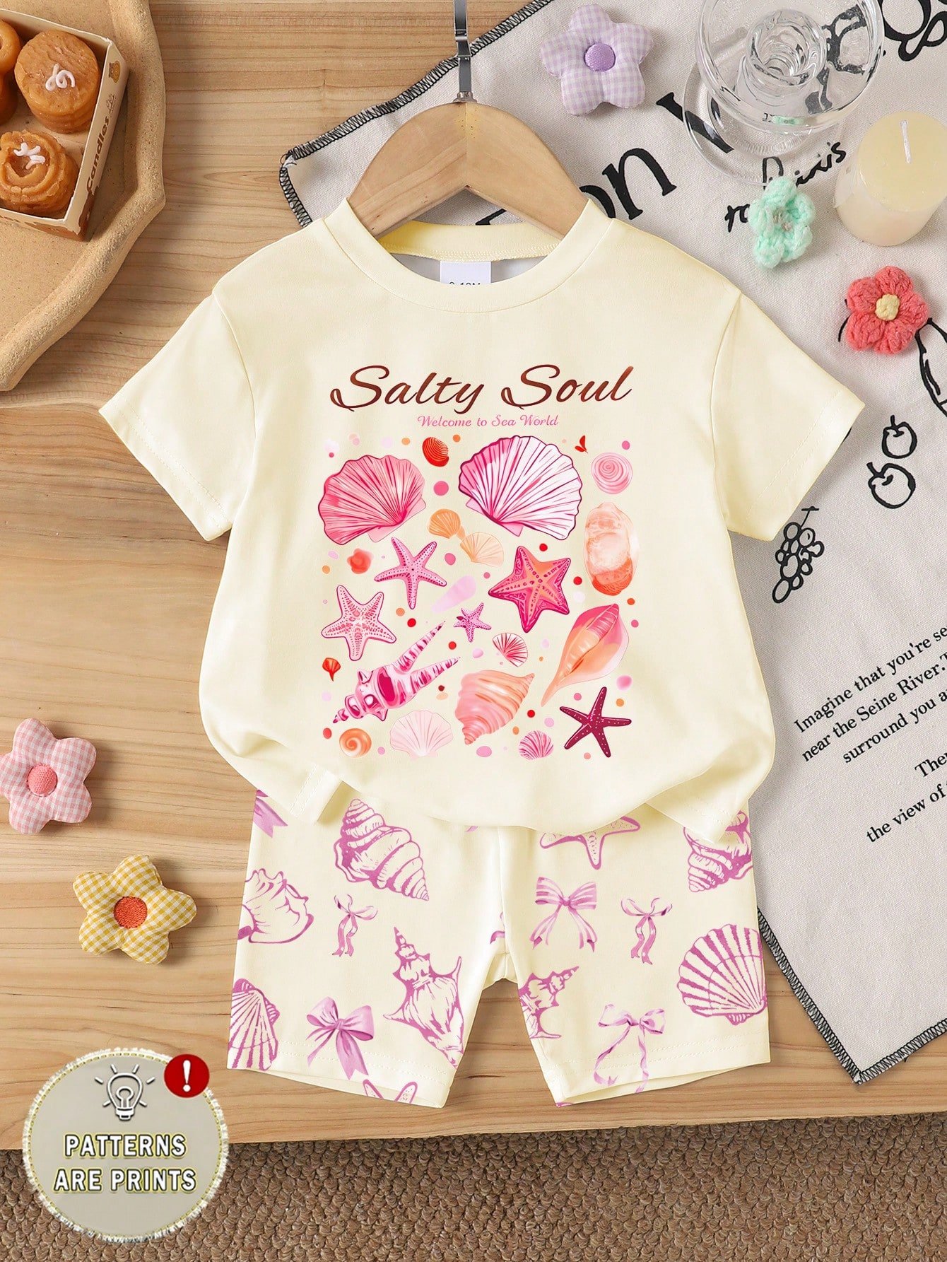 elladie kids مجموعة قميص كم قصير وشورت للبنات الرضع بطبعات صدفة وجنجل البحر وفيونكة، أسلوب عطلة عفوي بسيط، مناسبة للعطلات والأنشطة الخارجية، صيفي 12