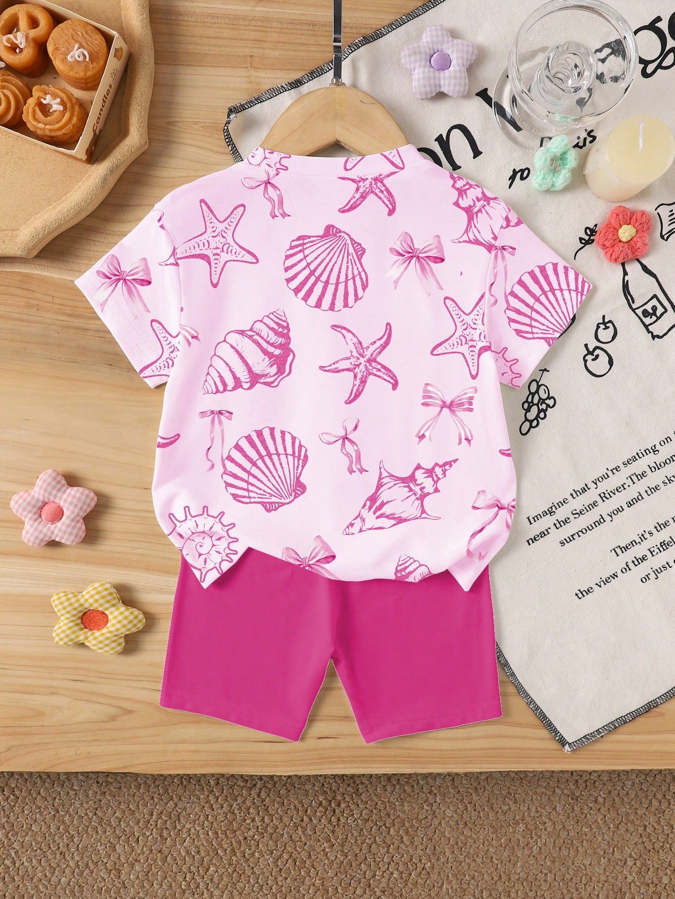 elladie kids مجموعة قميص كم قصير وشورت للبنات الرضع بطبعات صدفة وجنجل البحر وفيونكة، أسلوب عطلة عفوي بسيط، مناسبة للعطلات والأنشطة الخارجية، صيفي 15