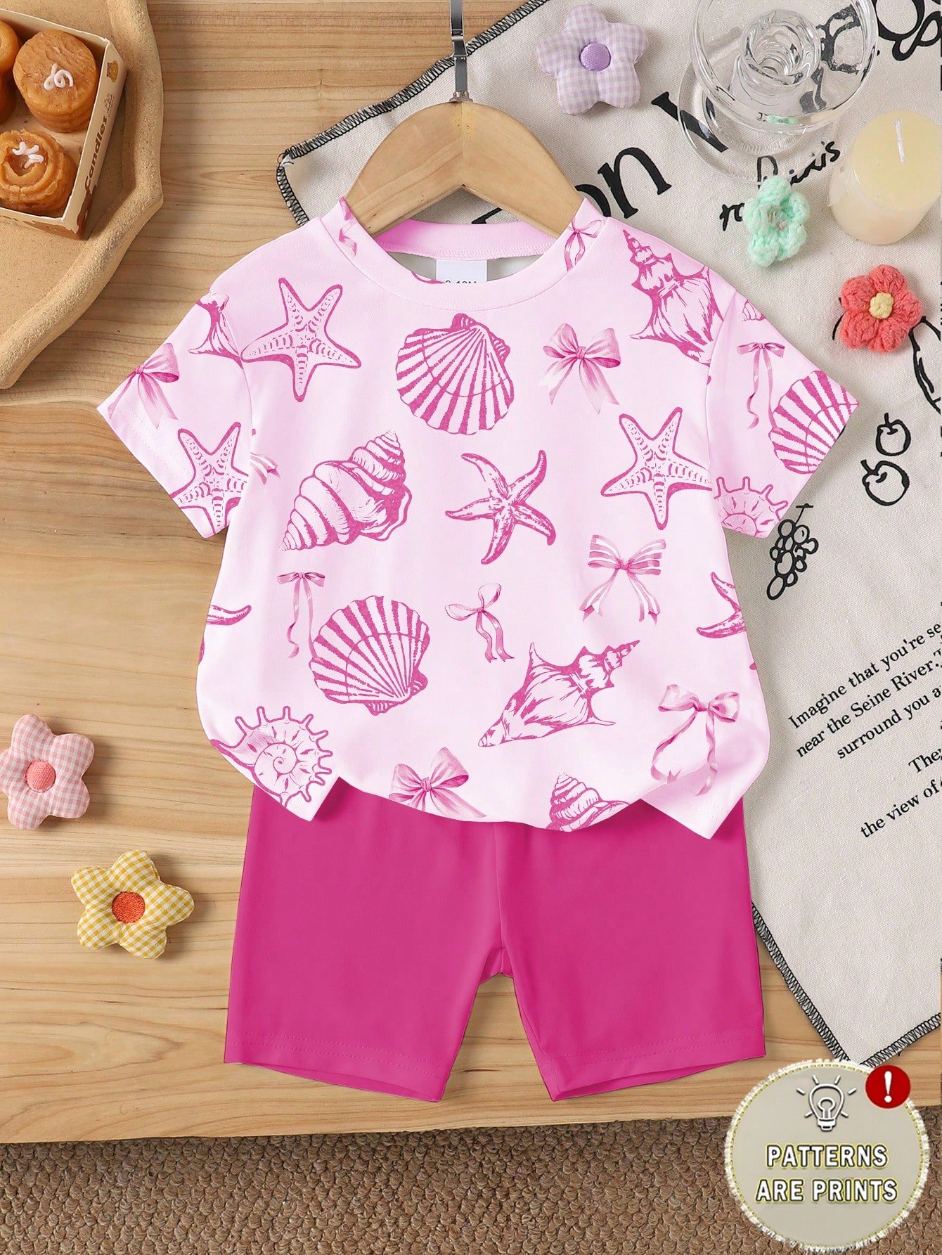 elladie kids مجموعة قميص كم قصير وشورت للبنات الرضع بطبعات صدفة وجنجل البحر وفيونكة، أسلوب عطلة عفوي بسيط، مناسبة للعطلات والأنشطة الخارجية، صيفي 17