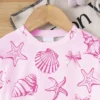 elladie kids مجموعة قميص كم قصير وشورت للبنات الرضع بطبعات صدفة وجنجل البحر وفيونكة، أسلوب عطلة عفوي بسيط، مناسبة للعطلات والأنشطة الخارجية، صيفي 18