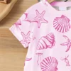 elladie kids مجموعة قميص كم قصير وشورت للبنات الرضع بطبعات صدفة وجنجل البحر وفيونكة، أسلوب عطلة عفوي بسيط، مناسبة للعطلات والأنشطة الخارجية، صيفي 19
