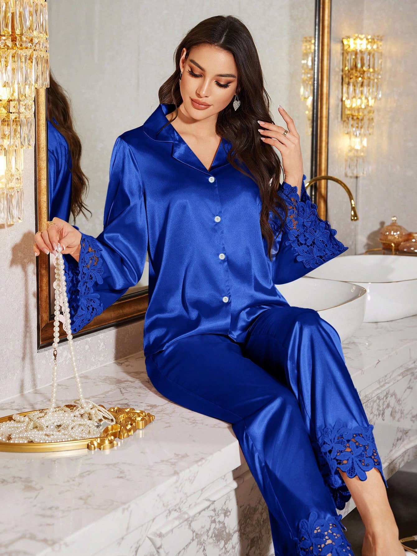 luxenights مجموعة بيجامة نسائية مكونة من قطعتين، مزينة بتفاصيل من الدانتيل، ملابس شتوية مريحة وأنيقة 5