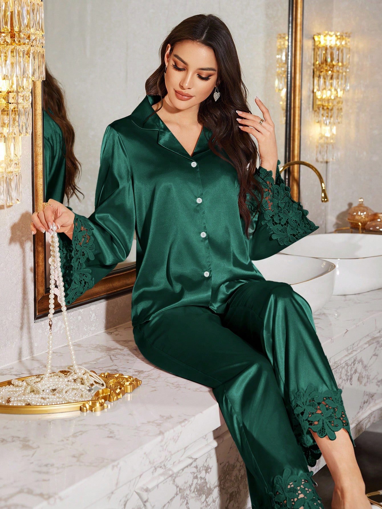 luxenights مجموعة بيجامة نسائية مكونة من قطعتين، مزينة بتفاصيل من الدانتيل، ملابس شتوية مريحة وأنيقة 8