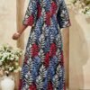 fleurora فستان كاجوال للحفلات مطبوع بالكامل بياقة على شكل حرف v للمرأة ذات الحجم الكبير 2