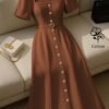 shein franclia فستان أنيق أكمام قصيرة ذو رقبة قلب، أمامي بأزرار، خصر ملتف 8