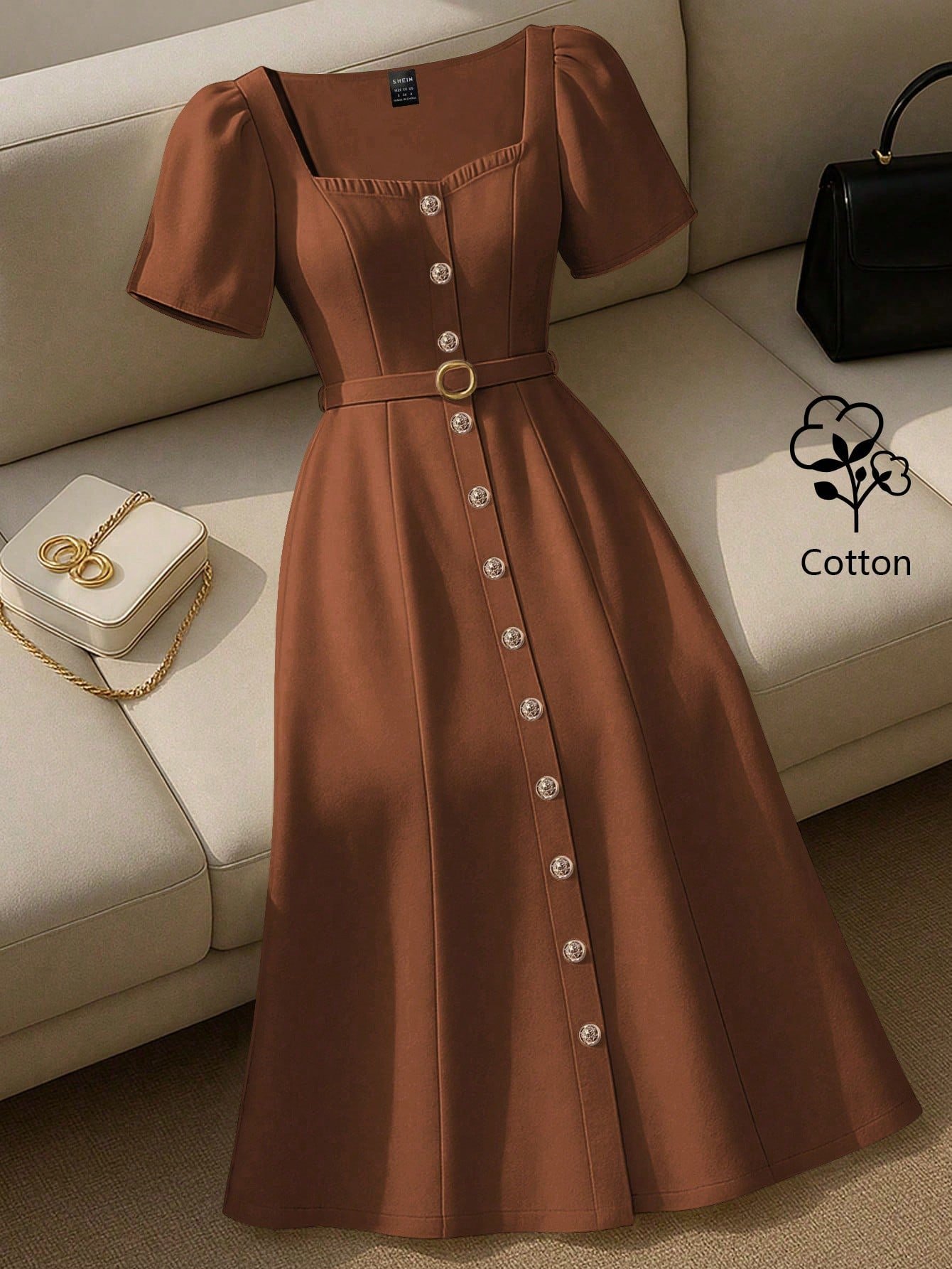 shein franclia فستان أنيق أكمام قصيرة ذو رقبة قلب، أمامي بأزرار، خصر ملتف 8