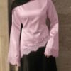 ملابس علوية ساتان أنيقة للنساء للتنقل، ملابس علوية طويلة الأكمام بياقة مستديرة ومرقعة بالدانتيل وربطة الخصر، قماش منسوج أحادي اللون مرقع بالدانتيل غير متماثل/غير متماثل أنيقة للمكتب والاستخدام اليومي والمواعيد أبيض شبه شفاف وردي 4