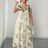 elenzga فستان ماكسي أنيق بياقة مربعة للنساء ذوات الحجم الكبير، فستان كنزة بطبعات زهور وتطريز دانتيل أنيق باللون الأخضر بتصميم متدرج على الطراز القديم، خصر مشدود بتصميم a line يخفي البطن، مناسب للتخرج والعطلات وعيد الحب والمهرجانات الموسيقية وعيد الأم وعيد 13