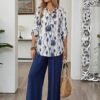 shein lune بدلة كاجوال للنساء تتكون من قميص بياقة على شكل حرف v وأكمام مكسرة، وبنطال ذو ساق واسعة 19