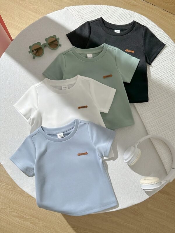 shein 4 قطع/مجموعة تيشيرت أساسي أحادي اللون بياقة طاقم وأكمام قصيرة للأطفال الرضع، مناسب للجنسين، قطن مريح وعملي للربيع/الصيف للاستخدام اليومي الداخلي والخارجي 3