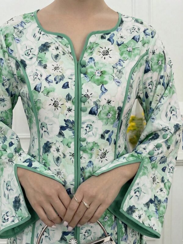 yasmyna فستان بأكمام واسعة وخصر مطوي مطبوع بالزهور بياقة مقطوعة على الطراز العربي للنساء 1