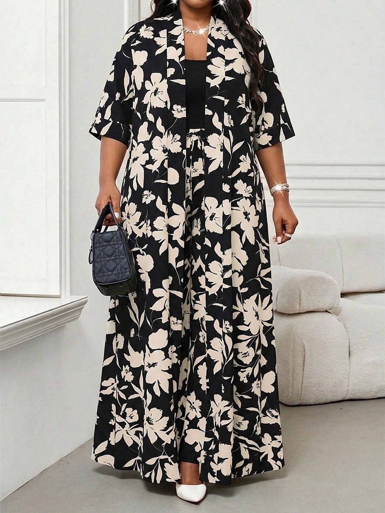 shein lady مجموعة قطعتين فضفاضة أنيقة متعددة الاستخدامات بطباعة عتيقة مقاس كبير، صيفي 4