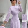 modelyn فستان نسائي بياقة عالية وخصر مشدود بالدانتيل باللون الأحمر 11