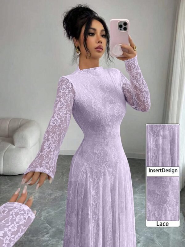 modelyn فستان نسائي بياقة عالية وخصر مشدود بالدانتيل باللون الأحمر 11