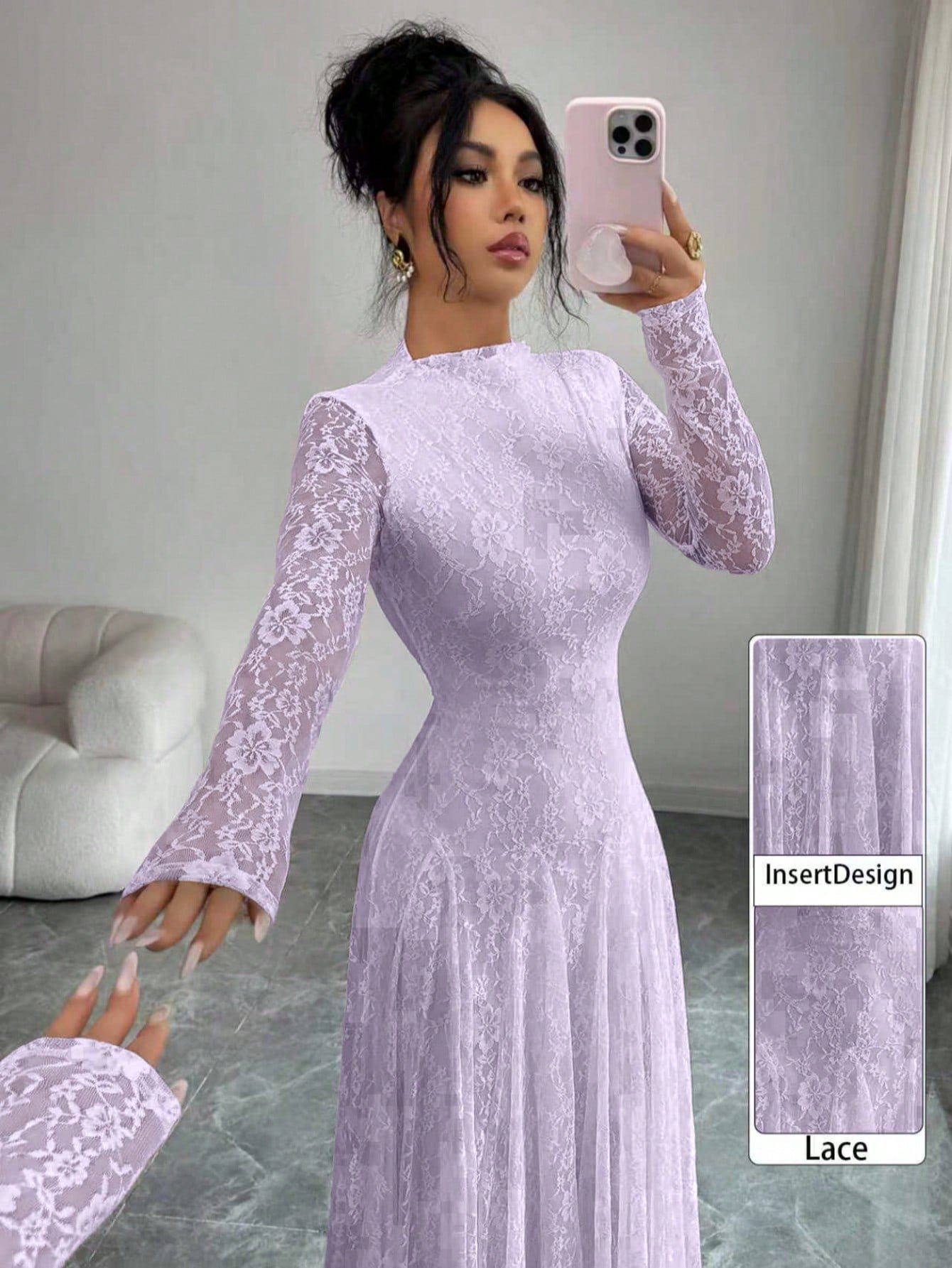 modelyn فستان نسائي بياقة عالية وخصر مشدود بالدانتيل باللون الأحمر 11