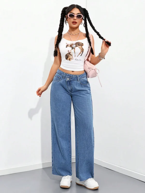 shein petite سروال جينز أزرق أنيق وبسيط للنساء للاستخدام اليومي 10