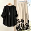 shein lune بدلة كاجوال للنساء تتكون من قميص بياقة على شكل حرف v وأكمام مكسرة، وبنطال ذو ساق واسعة 9