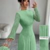 modelyn فستان نسائي بياقة عالية وخصر مشدود بالدانتيل باللون الأحمر 7