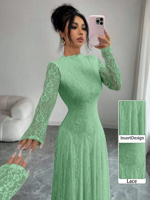 modelyn فستان نسائي بياقة عالية وخصر مشدود بالدانتيل باللون الأحمر 7