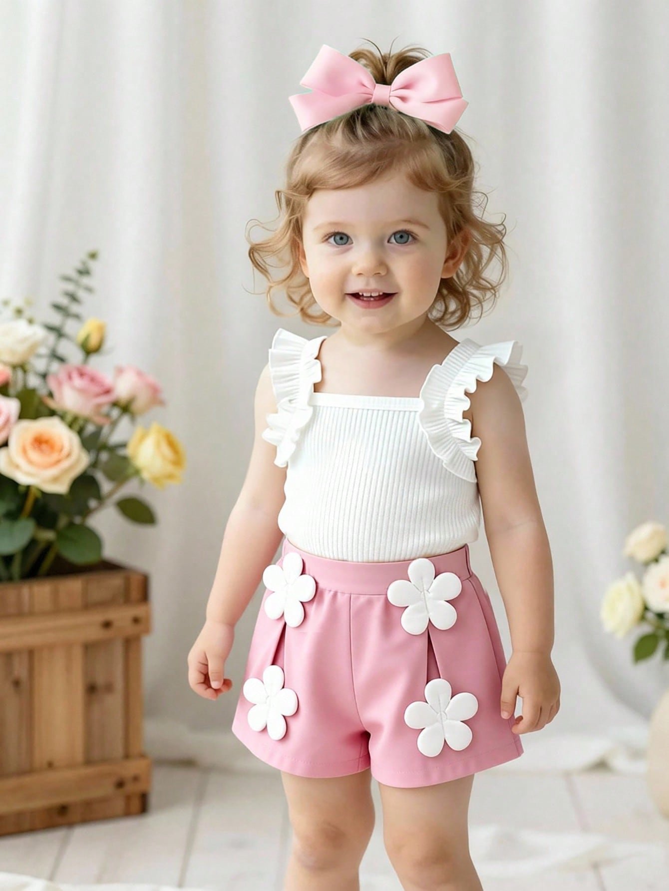 shein elladie kids ملابس صيفية كيوت للبنات الرضع من قطعتين، تتكون من ملابس علوية كتف واحد مزخرفة بالأزهار باللونين الوردي والأبيض، وشورت بخصر مطاطي، مناسبة لملابس عيد الميلاد 7