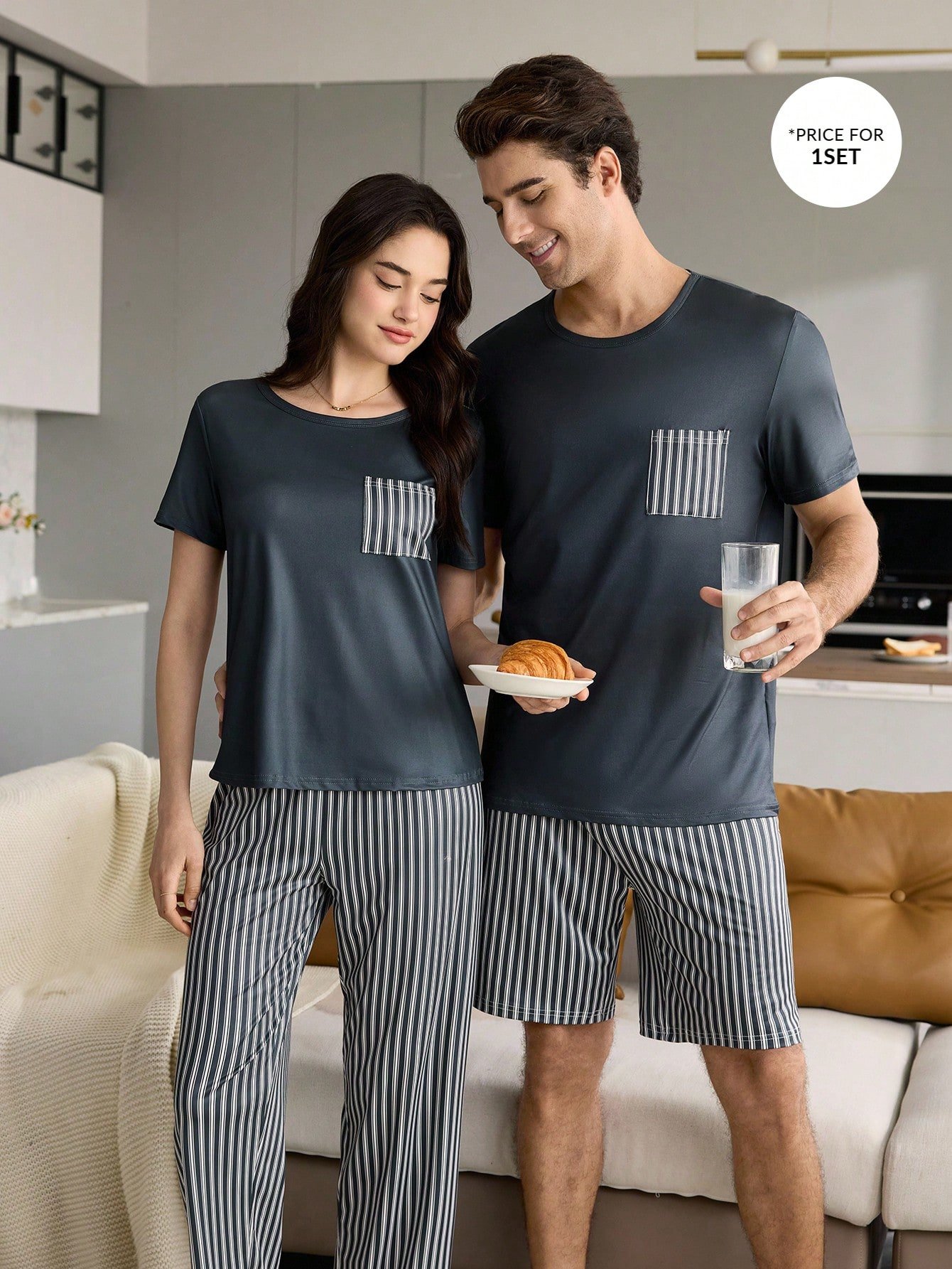 coupledup طقم بيجامة رجالي قصير الأكمام مع شورت مطبوع بخطوط 7