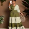maweii فستان كاجوال للمرأة البدينة مخطط ملون مرقع، تصميم خصر مطوي متعدد الطبقات مرن، أكمام ثلاثة أرباع، إحساس إليجانت للعطلات، مناسب للاستخدام اليومي والعمل والتنقل