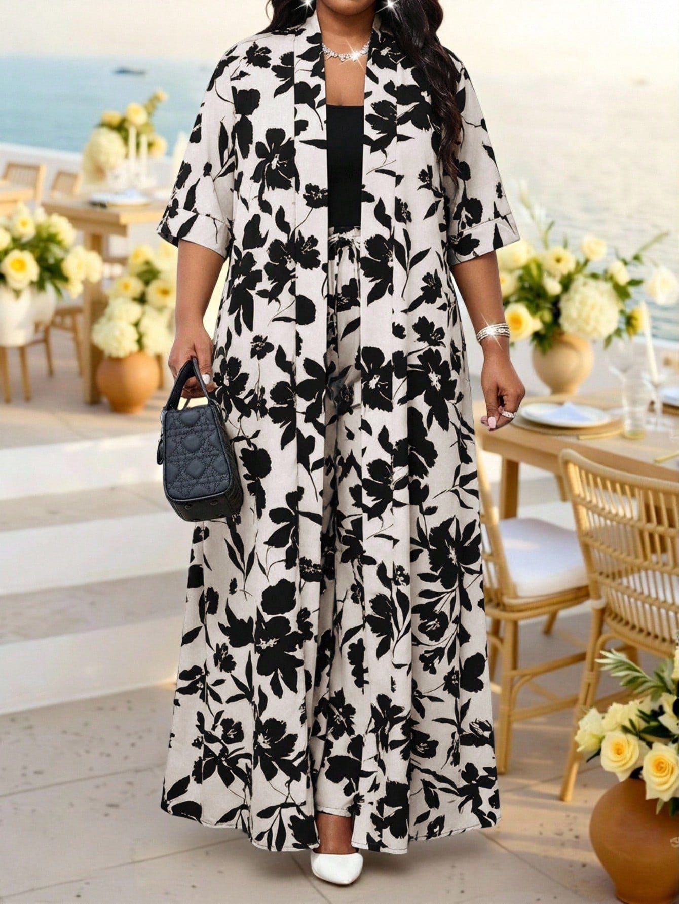 shein lady مجموعة قطعتين فضفاضة أنيقة متعددة الاستخدامات بطباعة عتيقة مقاس كبير، صيفي 3