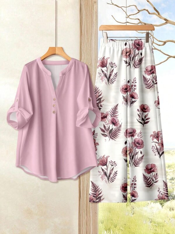 shein lune بدلة كاجوال للنساء تتكون من قميص بياقة على شكل حرف v وأكمام مكسرة، وبنطال ذو ساق واسعة 10