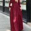 فساتين عربية طويلة الأكمام مطوية، تفاصيل أزرار، أكمام بيشوب ذات رقبة دائرية للربيع 1