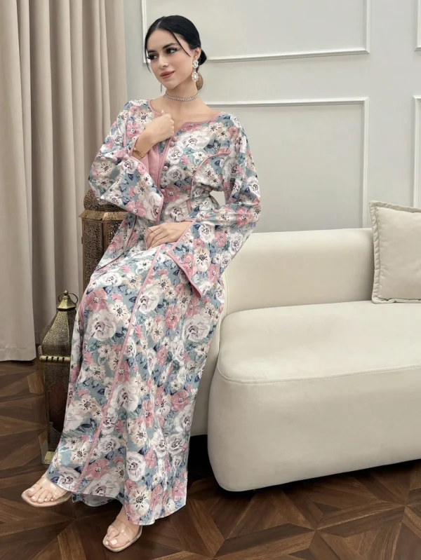 yasmyna فستان بأكمام واسعة وخصر مطوي مطبوع بالزهور بياقة مقطوعة على الطراز العربي للنساء 8