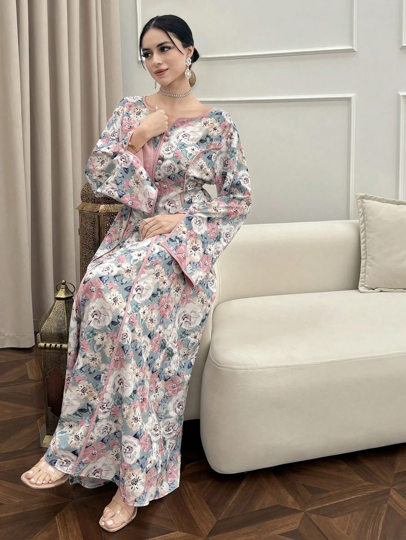 yasmyna فستان بأكمام واسعة وخصر مطوي مطبوع بالزهور بياقة مقطوعة على الطراز العربي للنساء 8