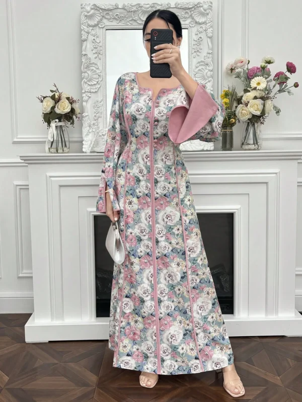 yasmyna فستان بأكمام واسعة وخصر مطوي مطبوع بالزهور بياقة مقطوعة على الطراز العربي للنساء 11