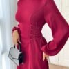 veilorie فستان ماكسي أنيق أحمر بوردو للنساء، لون أحمر بوردي سادة، فستان طويل الأكمام للحفلات والسهرات الأنيقة 13