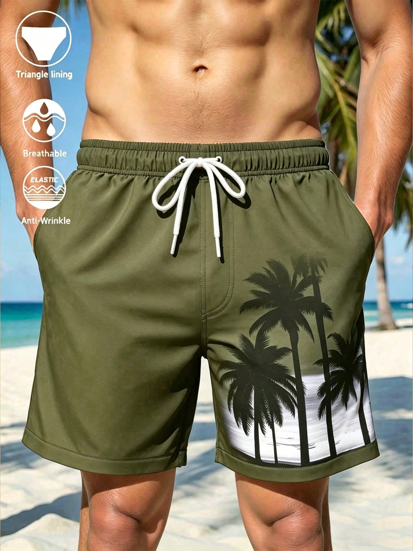 manfinity swimmode شورت شاطئ رجالي بخصر رباط وجيوب بطبعة أشجار النخيل، مناسب للصيف، شورت سباحة رجالي أسود بطبعة أشجار النخيل، عطلة 2
