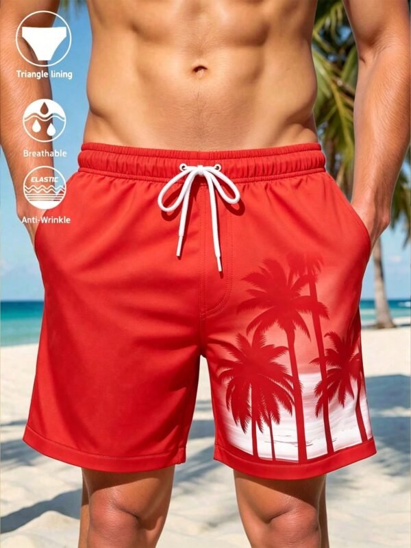 manfinity swimmode شورت شاطئ رجالي بخصر رباط وجيوب بطبعة أشجار النخيل، مناسب للصيف، شورت سباحة رجالي أسود بطبعة أشجار النخيل، عطلة