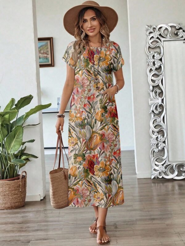 shein lune فستان نسائي بياقة مستديرة وأكمام قصيرة بخفقان الخفيفة مع طباعة هندسية لإجازة 6