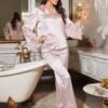 luxenights مجموعة بيجامة نسائية مكونة من قطعتين، مزينة بتفاصيل من الدانتيل، ملابس شتوية مريحة وأنيقة 12
