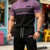 قميص رجالي برقبة دائرية وأكمام قصيرة بتصميم متباين باللونين الكاكي والأسود، مع شورت أسود من نفس السلسلة بأسلوب أنيق، طقم من قطعتين، قماش بوليستر 100% خفيف الوزن، طقم رياضي قابل للتنفس وسريع الجفاف، مناسب للارتداء في الصيف، قماش خفيف الوزن وقابل للتنفس 4