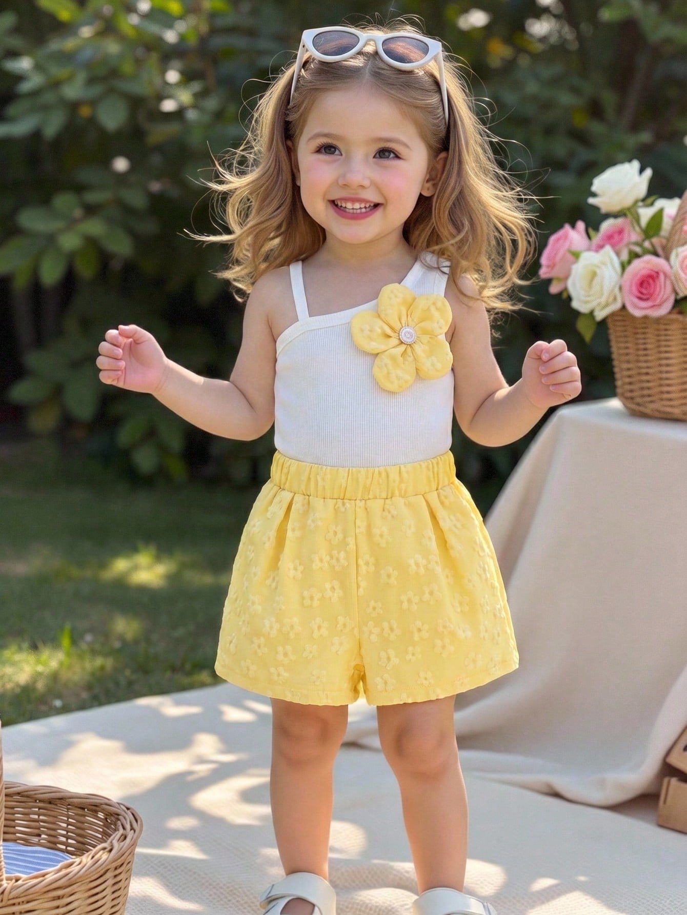 shein elladie kids ملابس صيفية كيوت للبنات الرضع من قطعتين، تتكون من ملابس علوية كتف واحد مزخرفة بالأزهار باللونين الوردي والأبيض، وشورت بخصر مطاطي، مناسبة لملابس عيد الميلاد 9